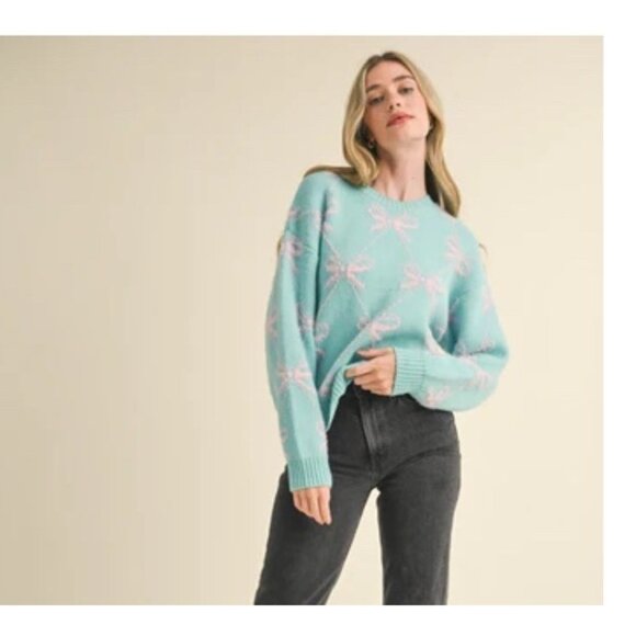 &merci Sweaters - &merci Diamond Ribbon Bow Pattern Knit Sweater in Teal Pink Large